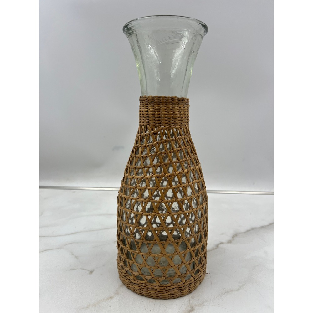 World Market Woven Wicker Glass Carafe Vase Coastal Boho Decorative 10.5"